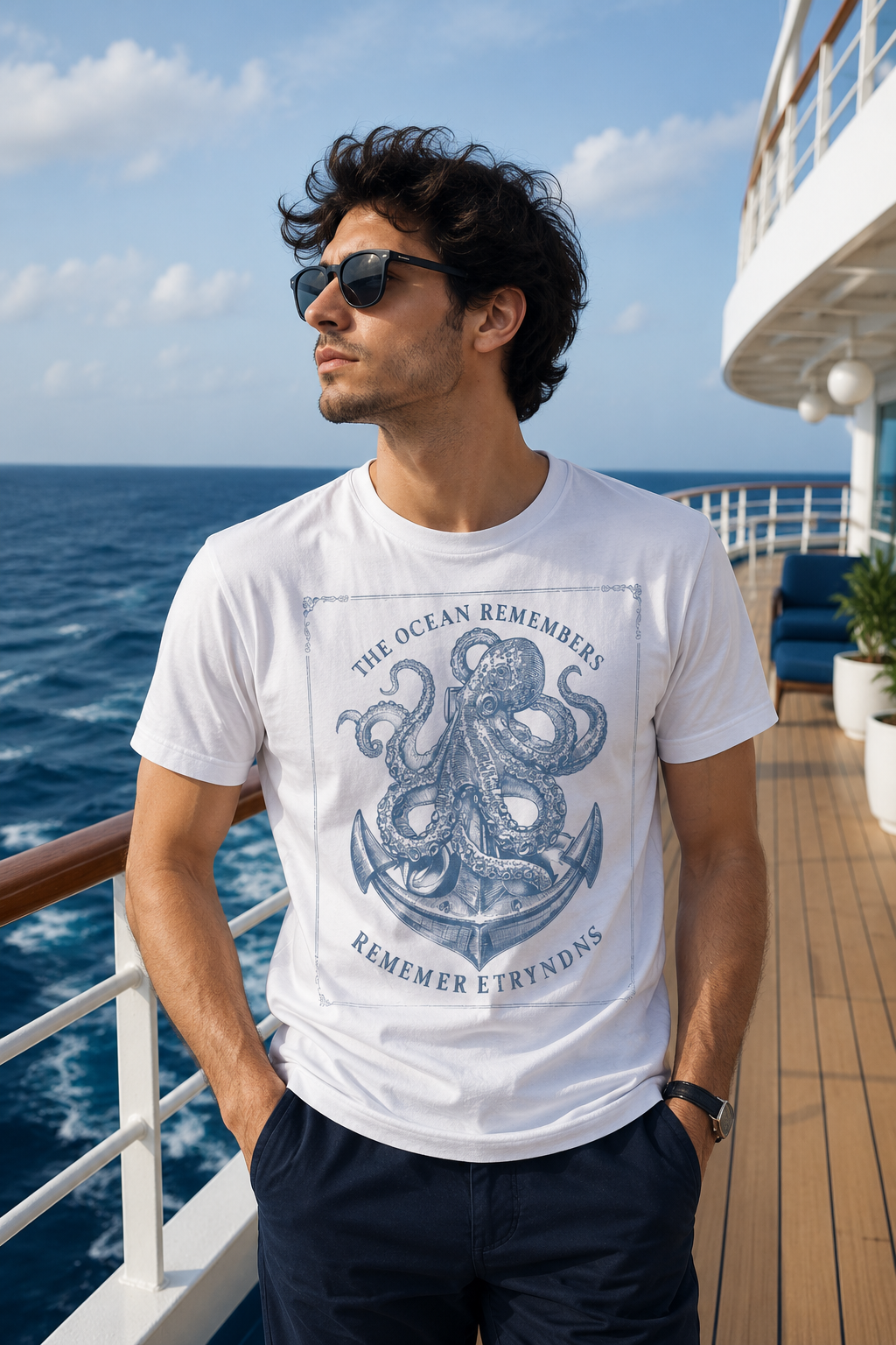 Vintage Octopus Anchor T-Shirt | White Ocean Graphic Tee - Image 3