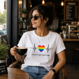 Girl Wearing White Pride Heart T-Shirt in Cozy Cafe