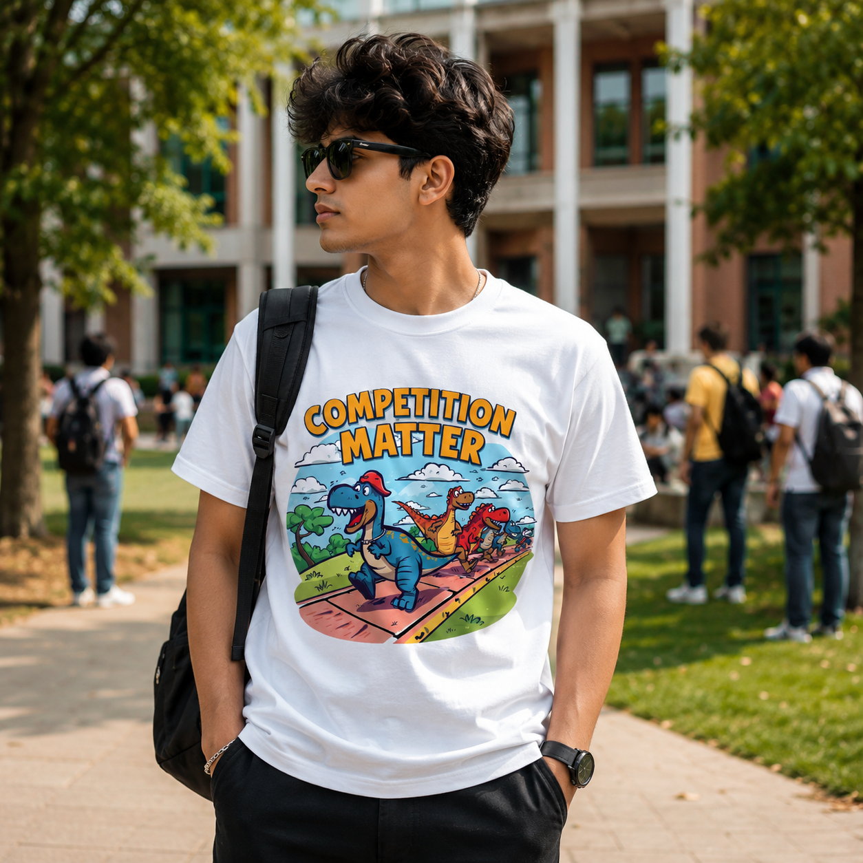 Competition Matter Dinosaur T-Shirt | White Tee on College Campus