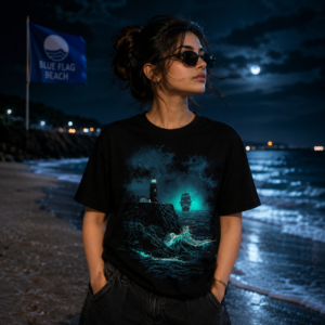 Vintage Lighthouse Graphic T-Shirt featuring a moonlit ocean scene on a black unisex T-shirt worn by a woman at a Blue Flag Beach.