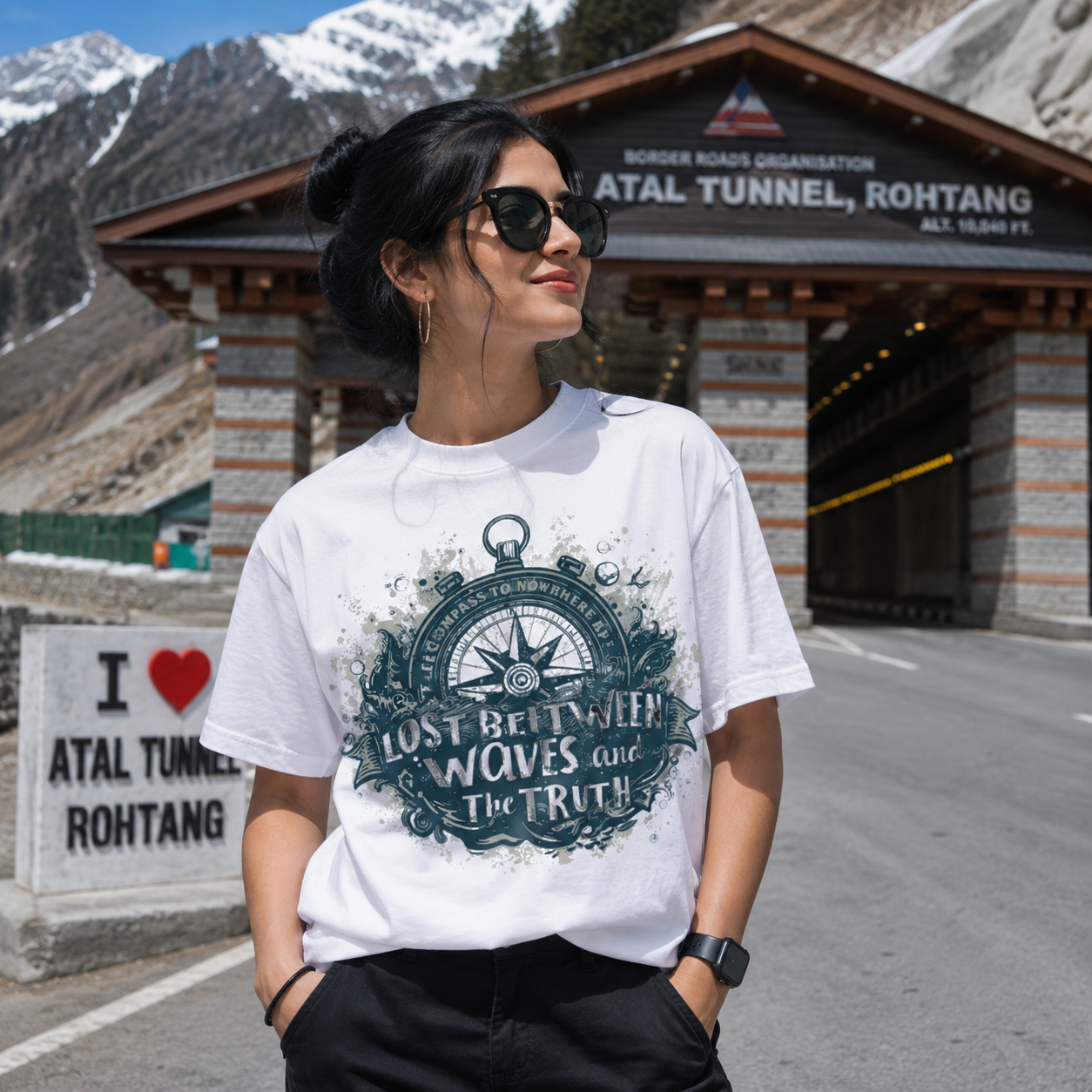 Lost Between Waves and The Truth Nautical Compass Graphic T-Shirt