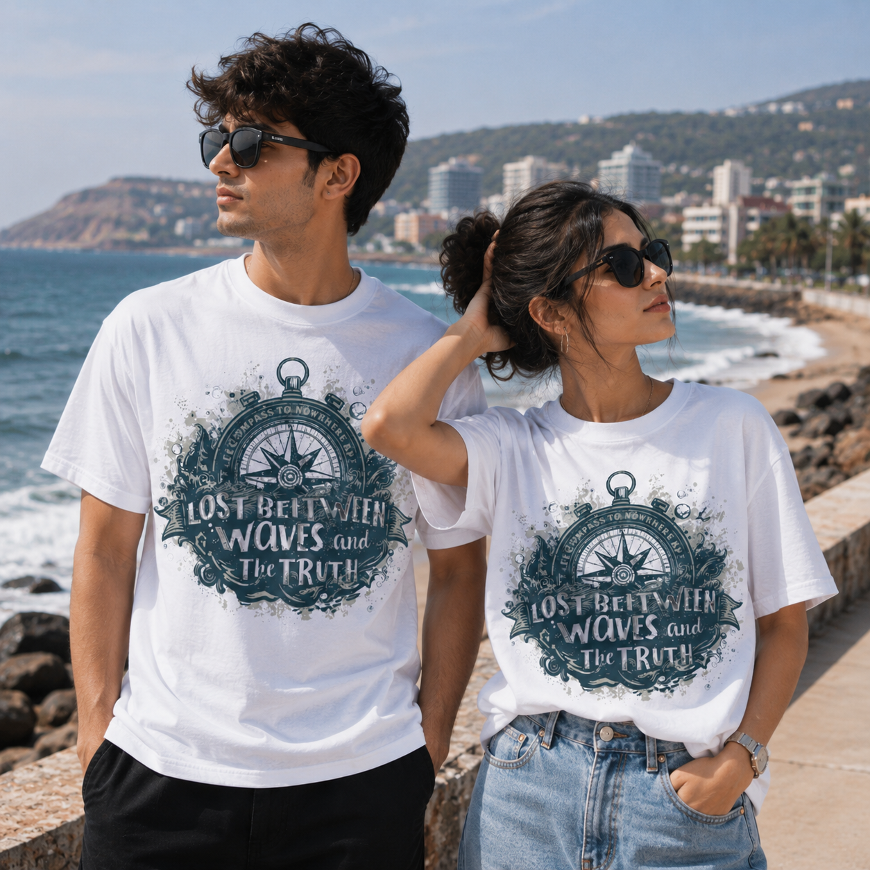 Lost Between Waves and The Truth Nautical Compass Graphic T-Shirt