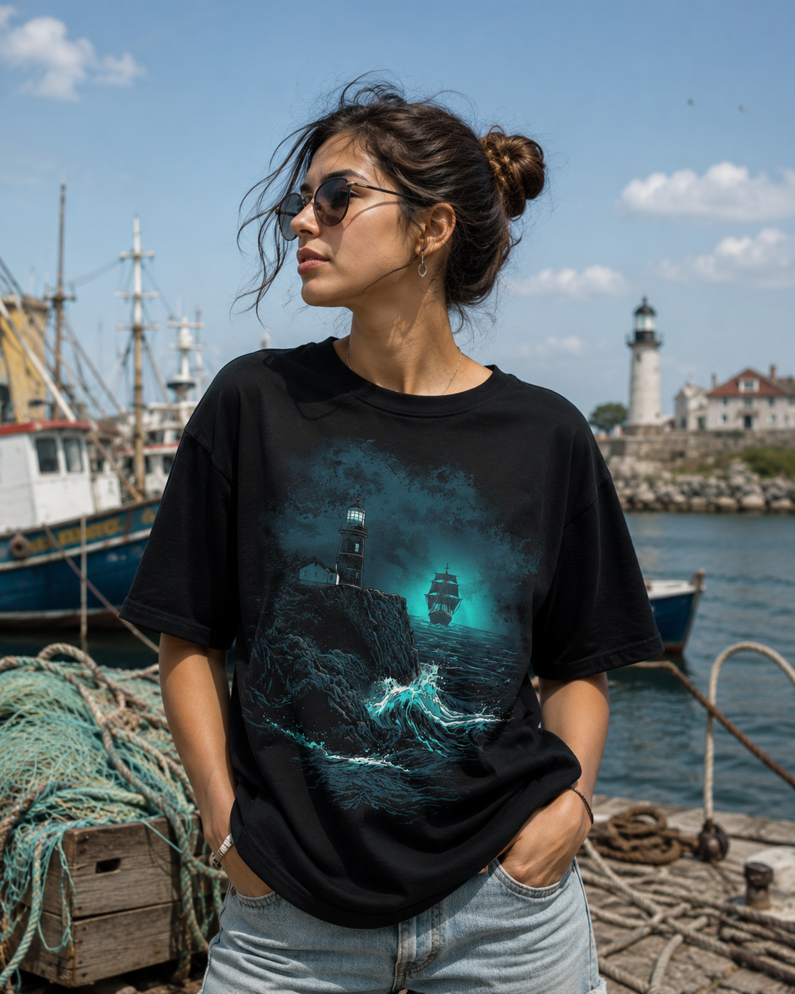 Vintage Lighthouse Graphic T-Shirt | Ocean Night Nautical Tee - Image 3